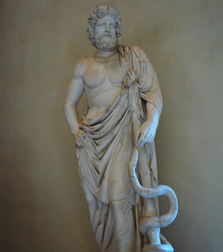 Asclepio, el patrón de los médicos, es representado portando un bastón con una culebra.